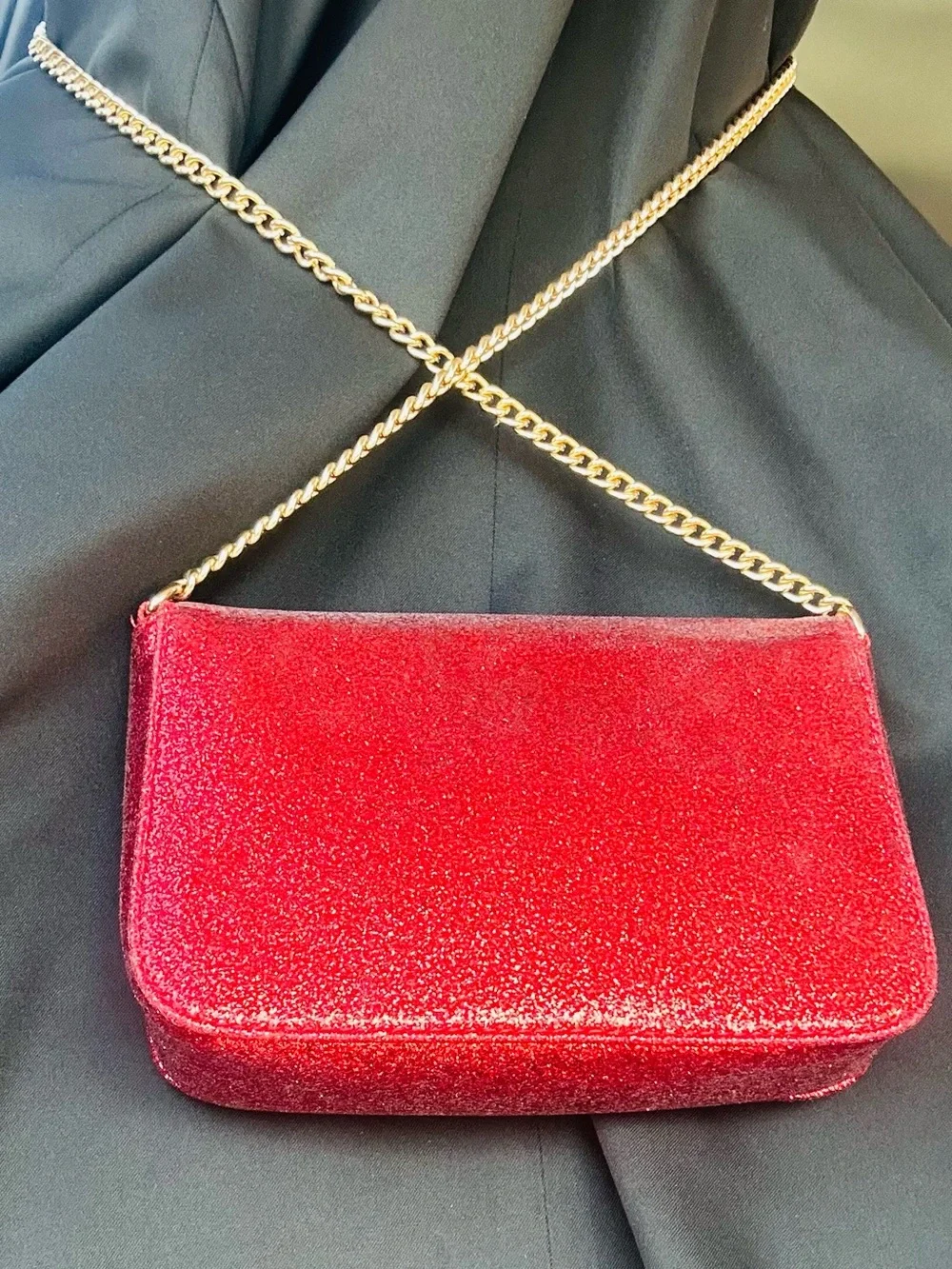 Jimmy Choo Red Glitter Crossbody with Gold Chain Strap